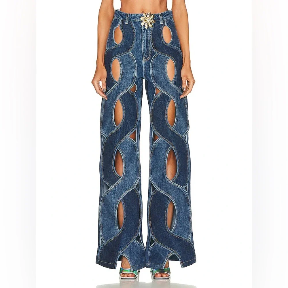 AREA Rope Cutout Jeans with Gold Flower Buckle - Picture 2 of 7